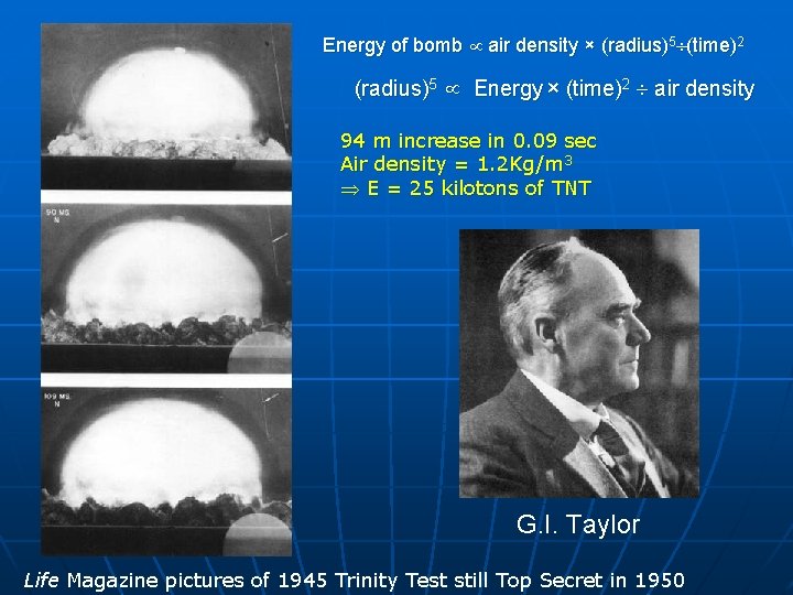 Energy of bomb air density × (radius)5 (time)2 (radius)5 Energy × (time)2 air density