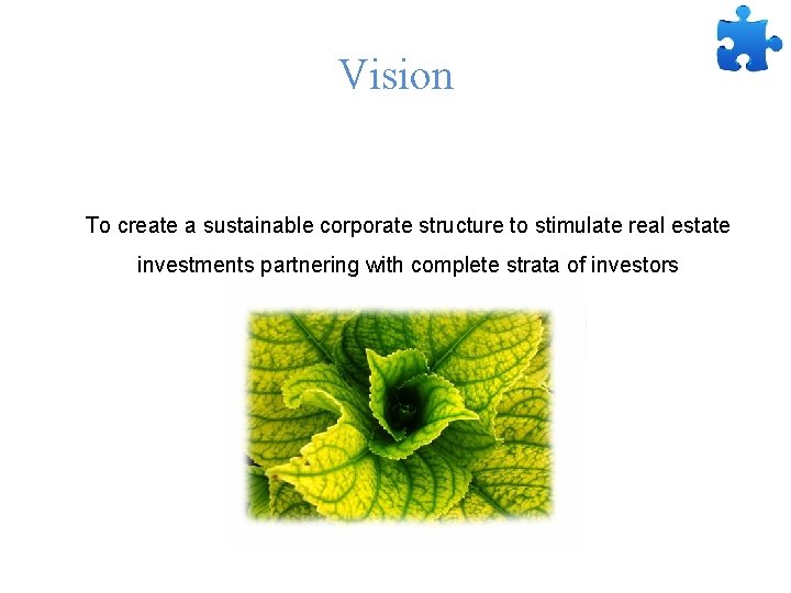 Vision To create a sustainable corporate structure to stimulate real estate investments partnering with