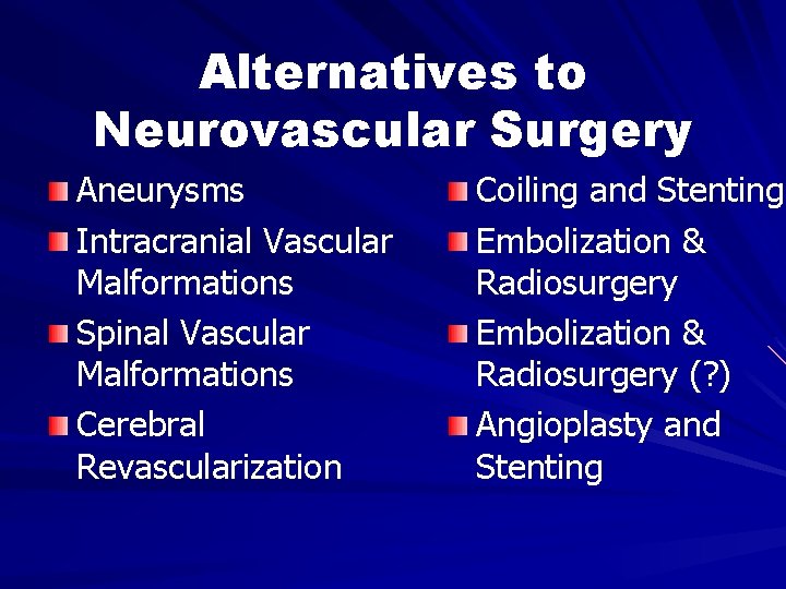 Alternatives to Neurovascular Surgery Aneurysms Intracranial Vascular Malformations Spinal Vascular Malformations Cerebral Revascularization Coiling