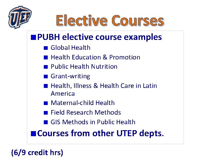 Elective Courses PUBH elective course examples Global Health Education & Promotion Public Health Nutrition
