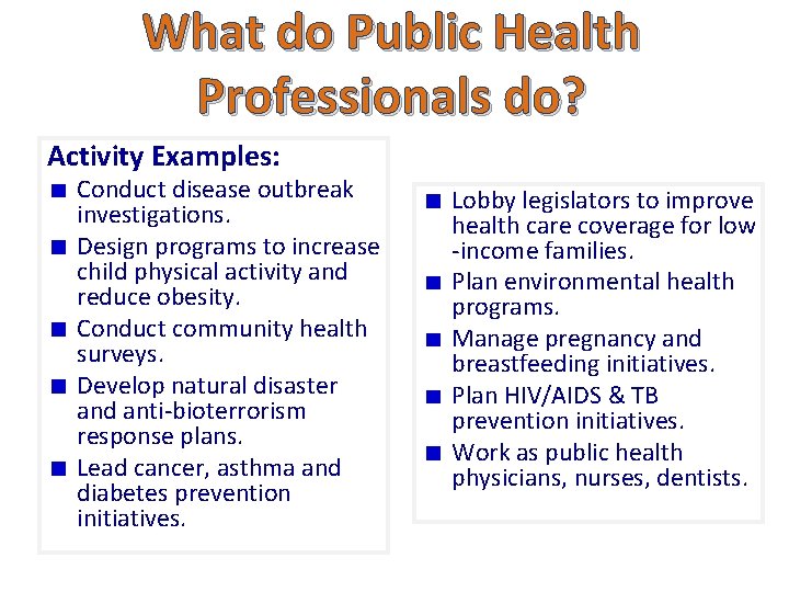 What do Public Health Professionals do? Activity Examples: Conduct disease outbreak investigations. Design programs