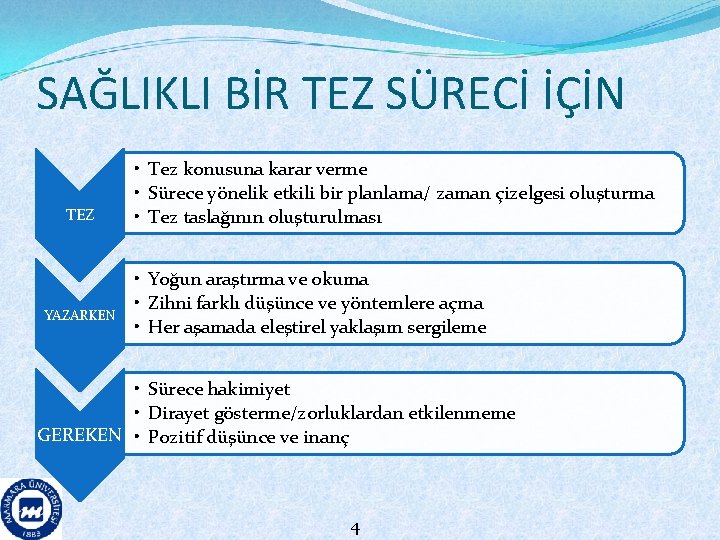 SAĞLIKLI BİR TEZ SÜRECİ İÇİN TEZ YAZARKEN • Tez konusuna karar verme • Sürece