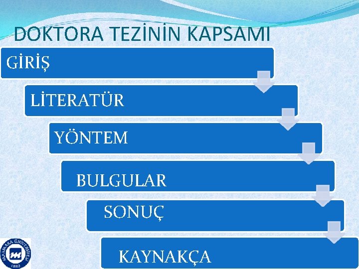 DOKTORA TEZİNİN KAPSAMI GİRİŞ LİTERATÜR YÖNTEM BULGULAR SONUÇ KAYNAKÇA 