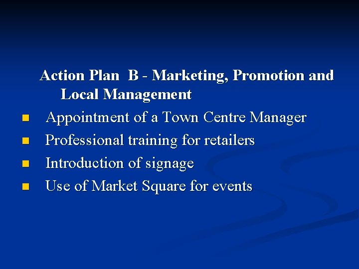n n Action Plan B - Marketing, Promotion and Local Management Appointment of a