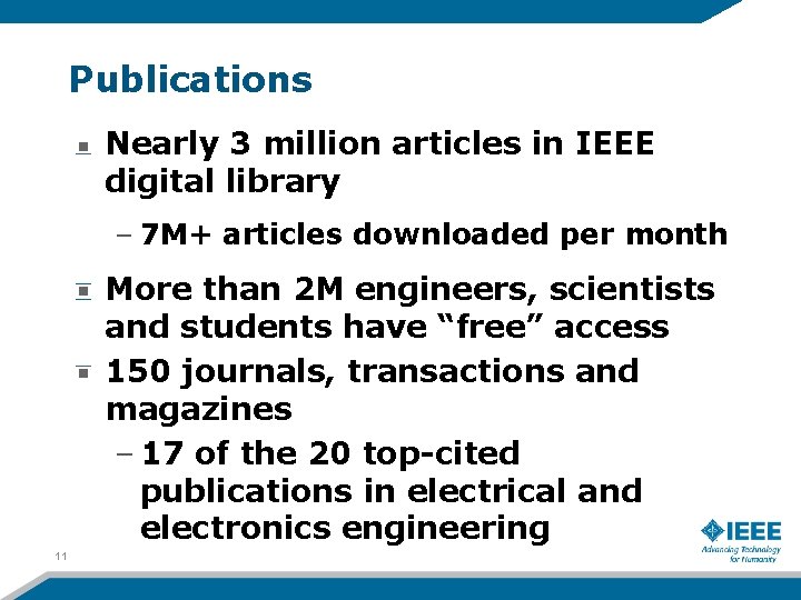 Publications Nearly 3 million articles in IEEE digital library – 7 M+ articles downloaded