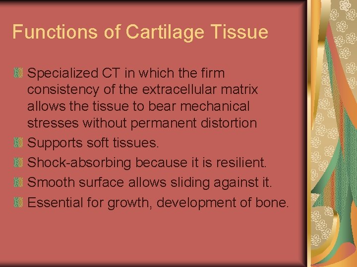 Functions of Cartilage Tissue Specialized CT in which the firm consistency of the extracellular