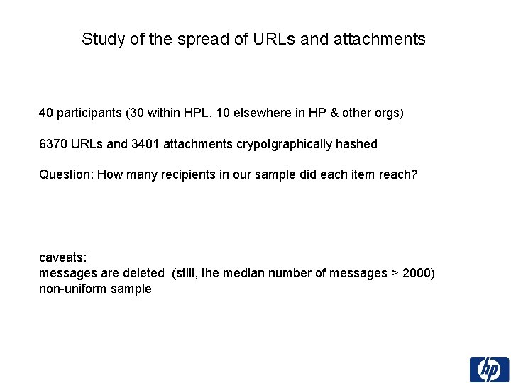 Study of the spread of URLs and attachments 40 participants (30 within HPL, 10