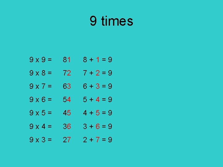 9 times 9 x 9= 81 8+1=9 9 x 8= 72 7+2=9 9 x