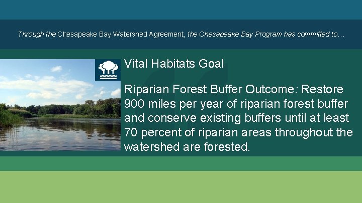 Through the Chesapeake Bay Watershed Agreement, the Chesapeake Bay Program has committed to… Vital