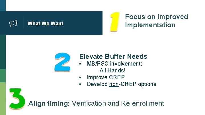 What We Want Focus on Improved Implementation Elevate Buffer Needs ▪ MB/PSC involvement: All