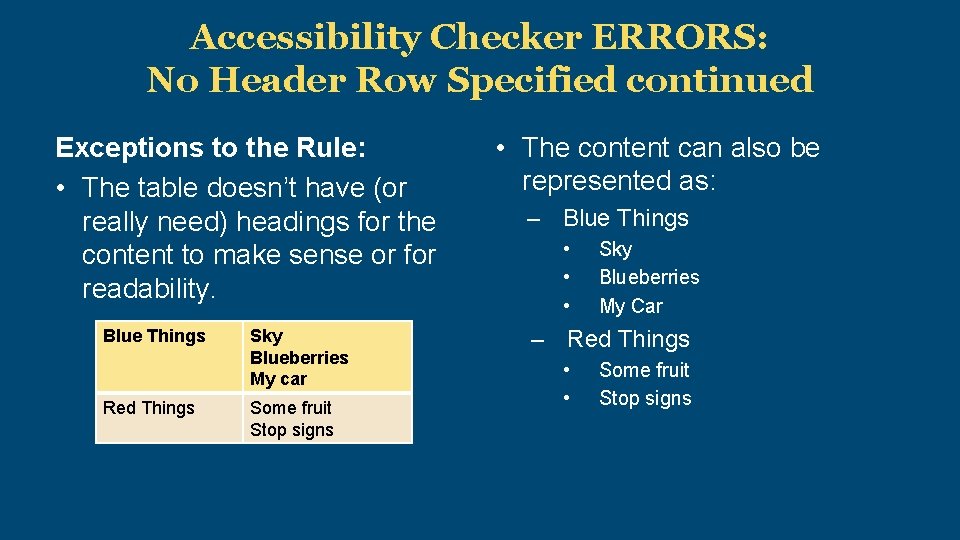 Accessibility Checker ERRORS: No Header Row Specified continued Exceptions to the Rule: • The