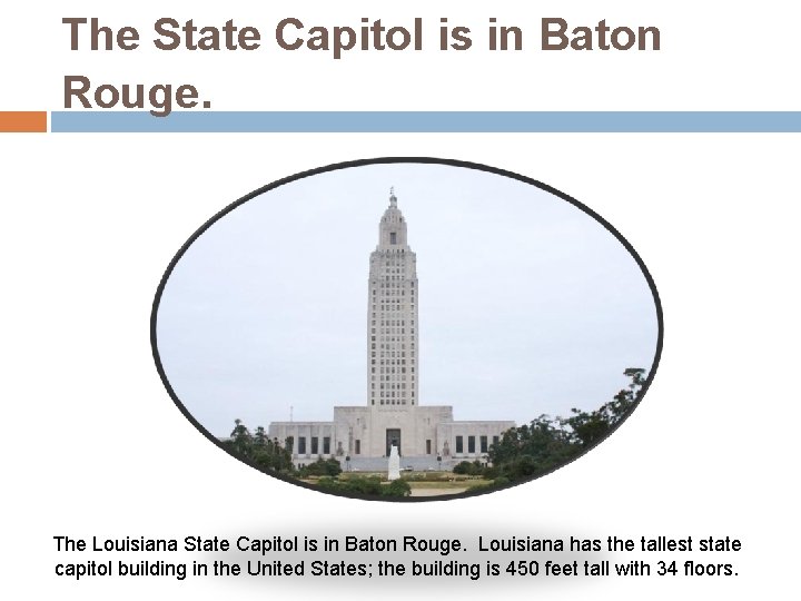 The State Capitol is in Baton Rouge. The Louisiana State Capitol is in Baton