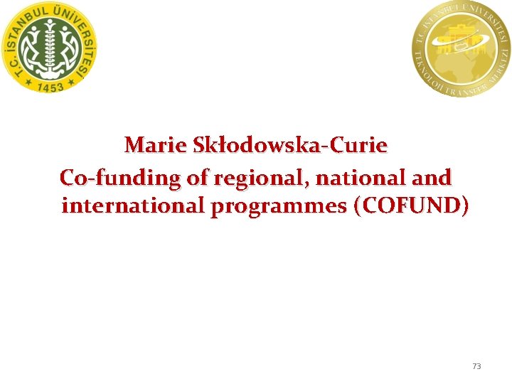 Marie Skłodowska-Curie Co-funding of regional, national and international programmes (COFUND) 73 