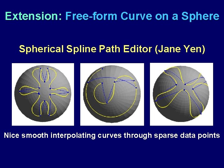 Extension: Free-form Curve on a Sphere Spherical Spline Path Editor (Jane Yen) Nice smooth