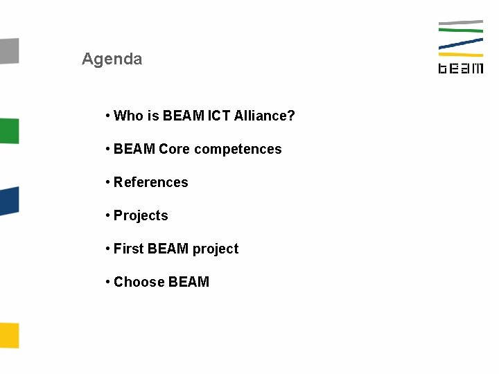 Agenda • Who is BEAM ICT Alliance? • BEAM Core competences • References •