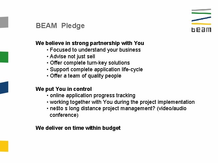 BEAM Pledge We believe in strong partnership with You • Focused to understand your