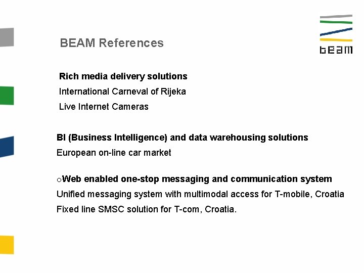 BEAM References Rich media delivery solutions International Carneval of Rijeka Live Internet Cameras BI