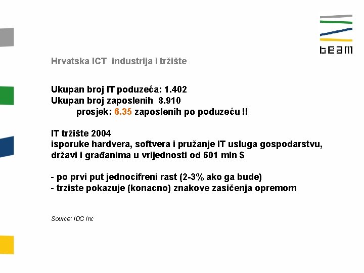 Hrvatska ICT industrija i tržište Ukupan broj IT poduzeća: 1. 402 Ukupan broj zaposlenih
