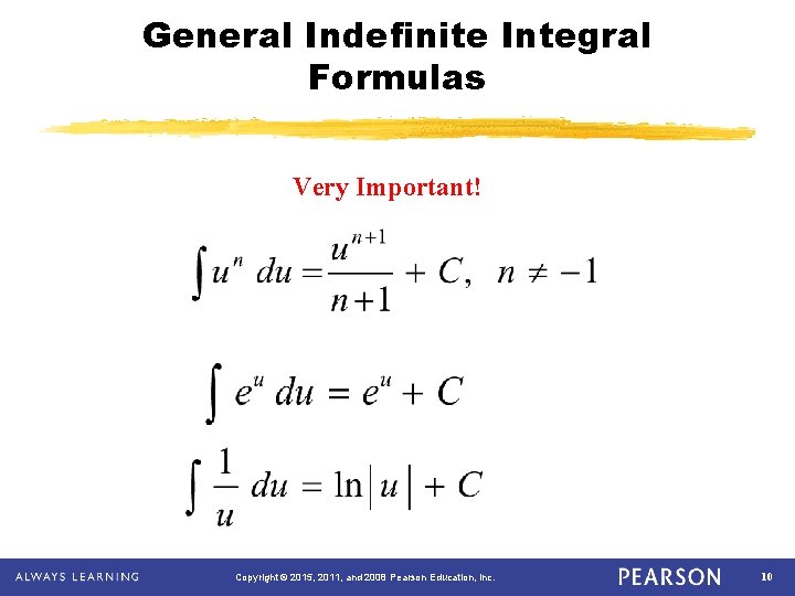 General Indefinite Integral Formulas Very Important! Copyright © 2015, 2011, and 2008 Pearson Education,