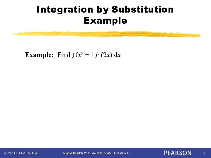Integration by Substitution Example: Find ∫ (x 2 + 1)5 (2 x) dx Copyright