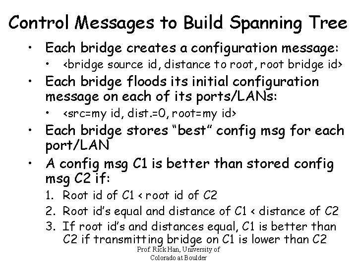 Control Messages to Build Spanning Tree • Each bridge creates a configuration message: •