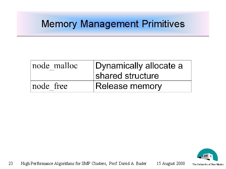 Memory Management Primitives 23 High Performance Algorithms for SMP Clusters, Prof. David A. Bader