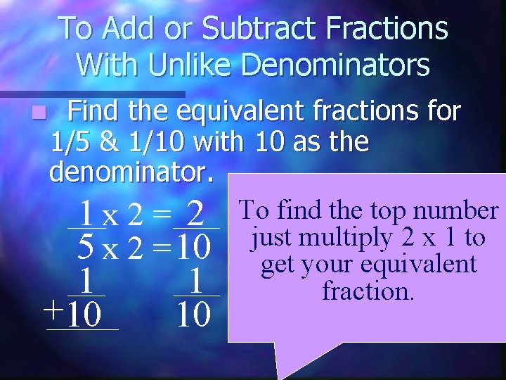 To Add or Subtract Fractions With Unlike Denominators n Find the equivalent fractions for