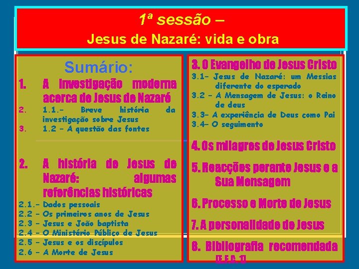 1ª sessão – Jesus de Nazaré: vida e obra 1. 2. 3. O Evangelho