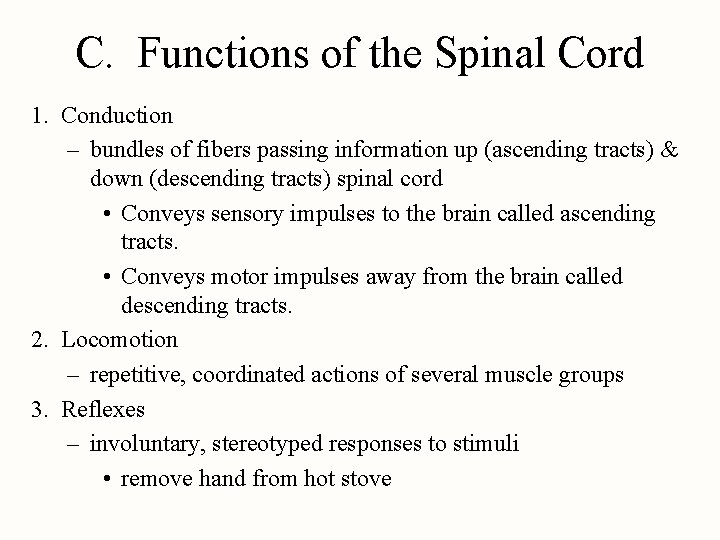 C. Functions of the Spinal Cord 1. Conduction – bundles of fibers passing information