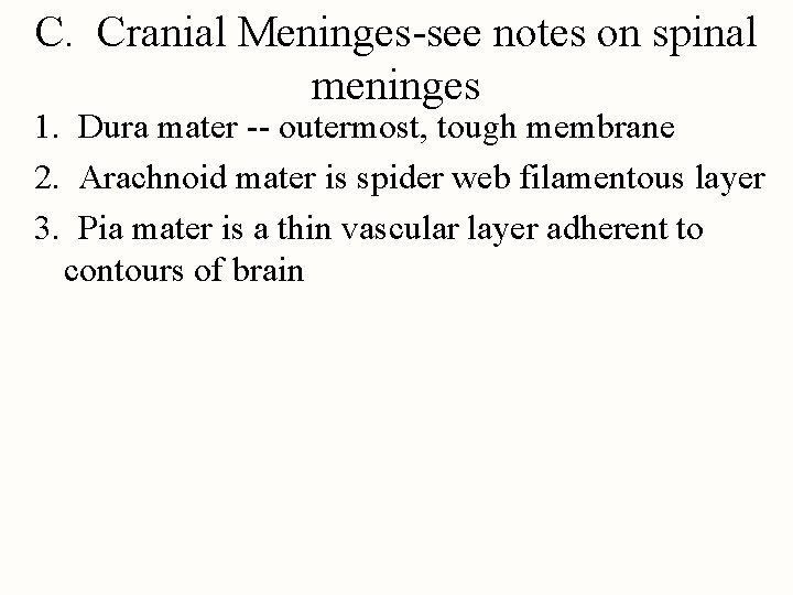 C. Cranial Meninges-see notes on spinal meninges 1. Dura mater -- outermost, tough membrane