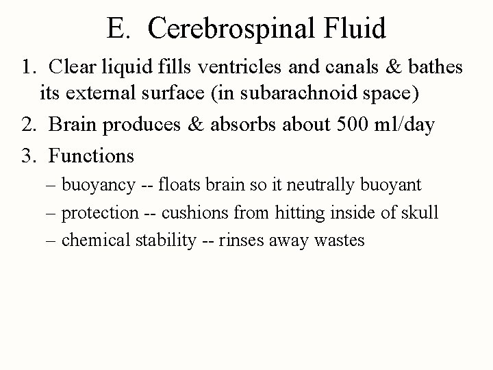 E. Cerebrospinal Fluid 1. Clear liquid fills ventricles and canals & bathes its external