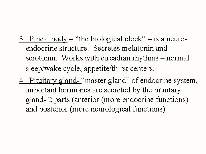 3. Pineal body – “the biological clock” – is a neuroendocrine structure. Secretes melatonin