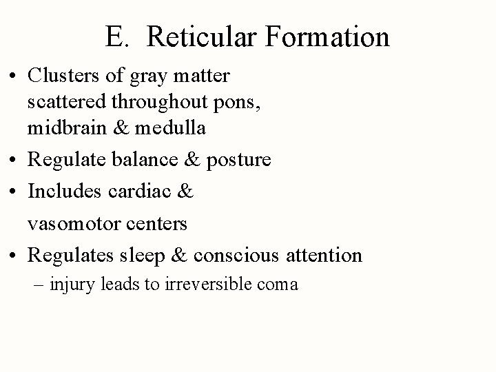 E. Reticular Formation • Clusters of gray matter scattered throughout pons, midbrain & medulla