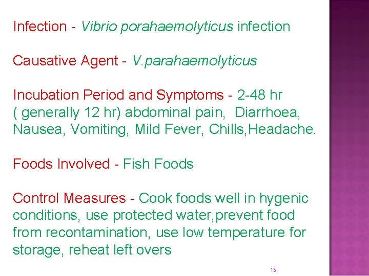 Infection - Vibrio porahaemolyticus infection Causative Agent - V. parahaemolyticus Incubation Period and Symptoms