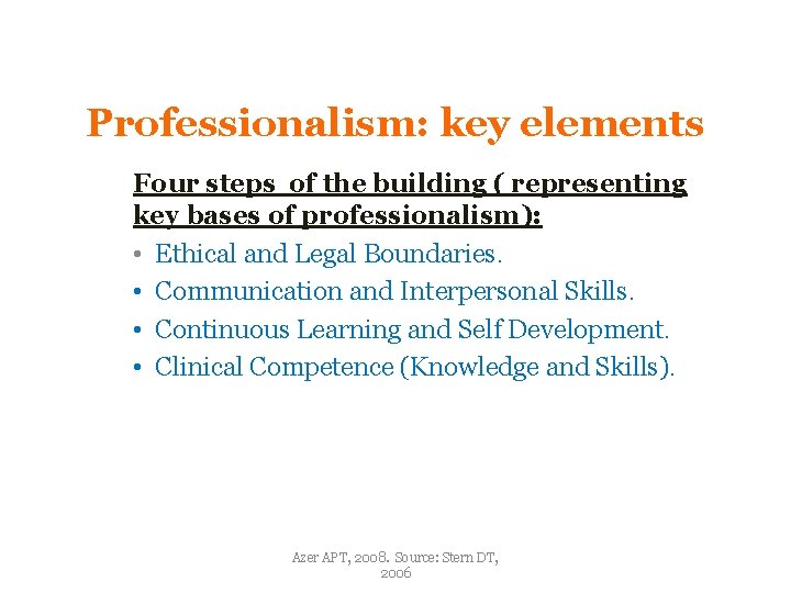 Professionalism: key elements Four steps of the building ( representing key bases of professionalism):