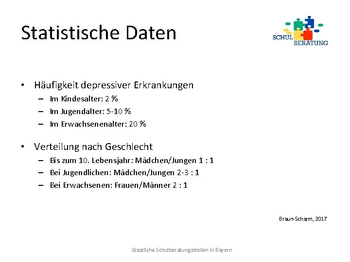 Statistische Daten • Häufigkeit depressiver Erkrankungen – Im Kindesalter: 2 % – Im Jugendalter: