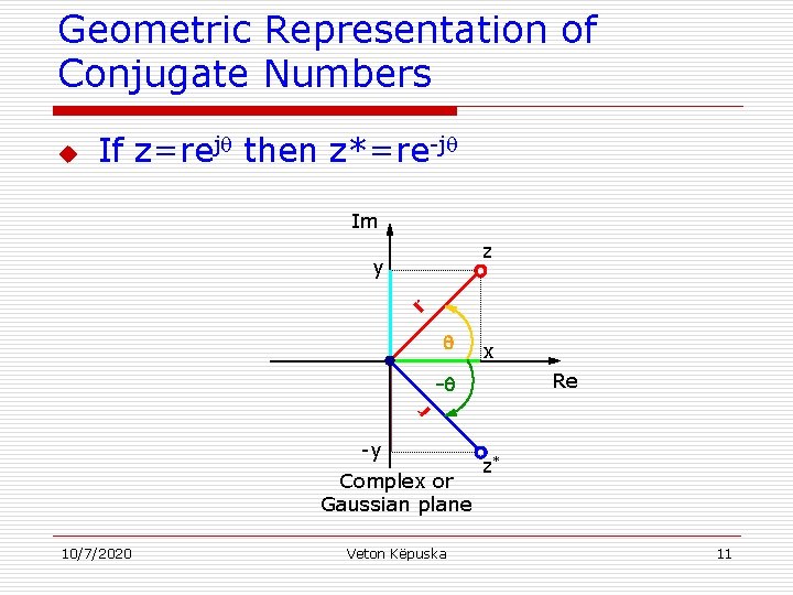 Geometric Representation of Conjugate Numbers u If z=rej then z*=re-j Im z r y