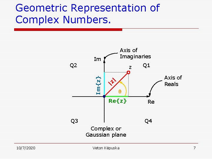 Geometric Representation of Complex Numbers. Im z Q 1 Axis of Reals |z |