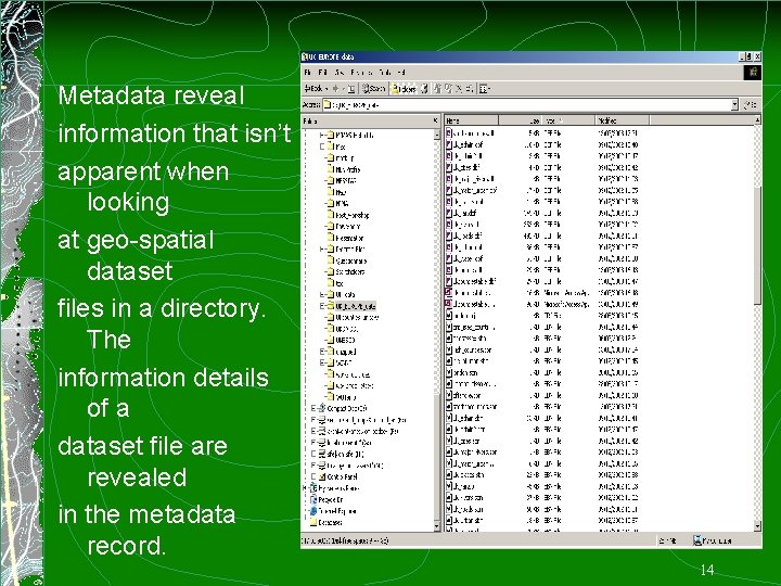 Metadata reveal information that isn’t apparent when looking at geo-spatial dataset files in a
