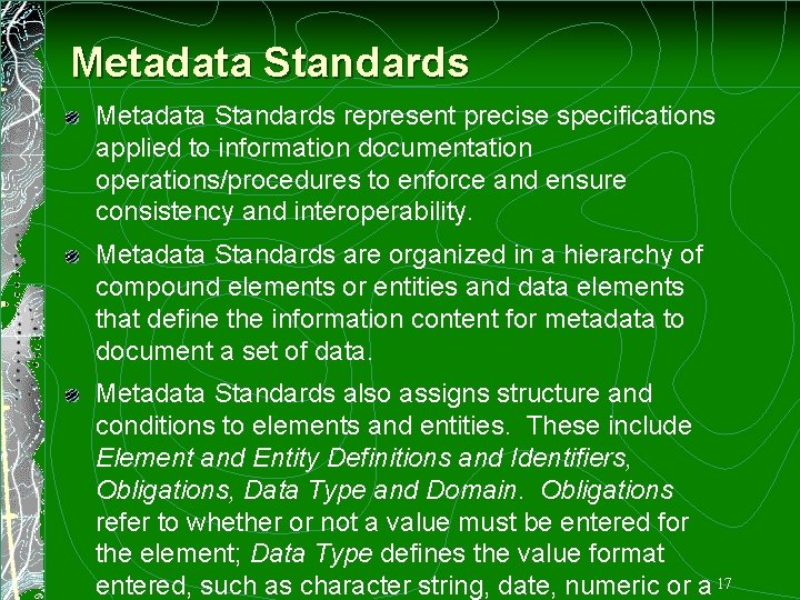 Metadata Standards represent precise specifications applied to information documentation operations/procedures to enforce and ensure