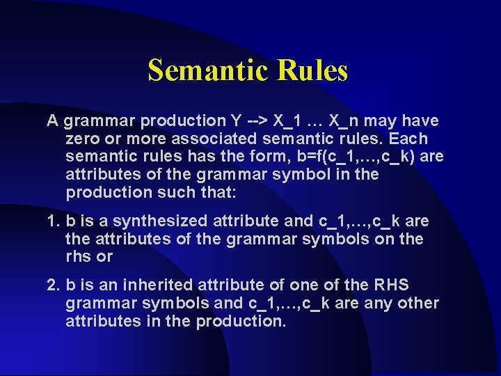 Semantic Rules A grammar production Y --> X_1 … X_n may have zero or
