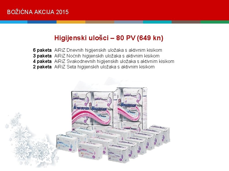 BOŽIĆNA AKCIJA 2015 Higijenski ulošci – 80 PV (649 kn) 6 paketa Ai. Ri.