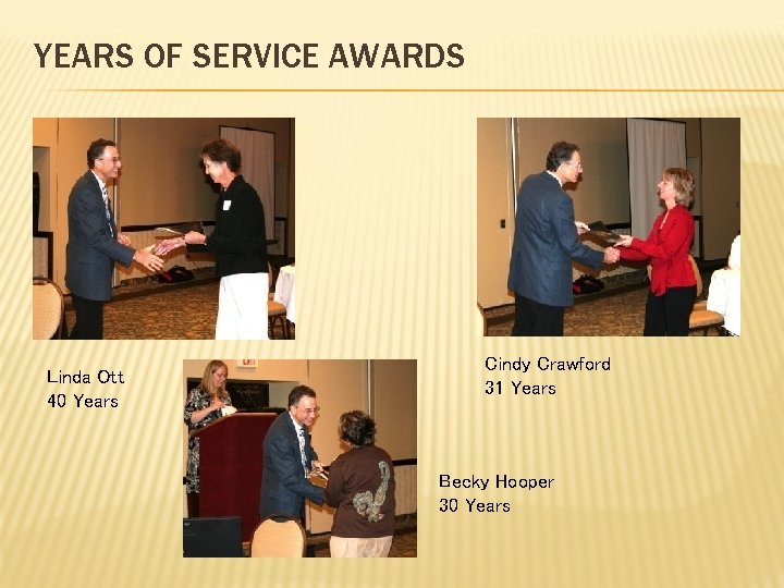YEARS OF SERVICE AWARDS Linda Ott 40 Years Cindy Crawford 31 Years Becky Hooper