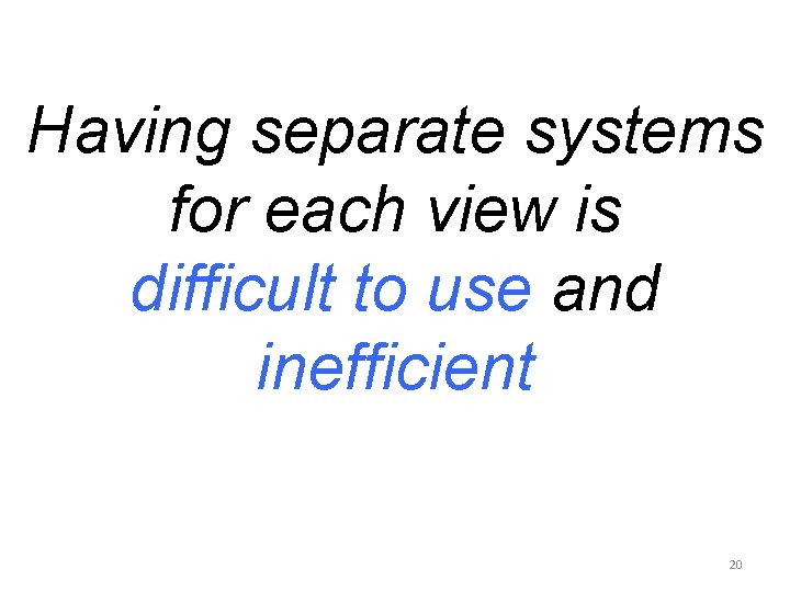 Having separate systems for each view is difficult to use and inefficient 20 