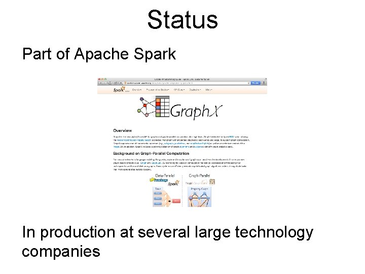 Status Part of Apache Spark In production at several large technology companies 