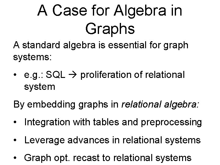 A Case for Algebra in Graphs A standard algebra is essential for graph systems: