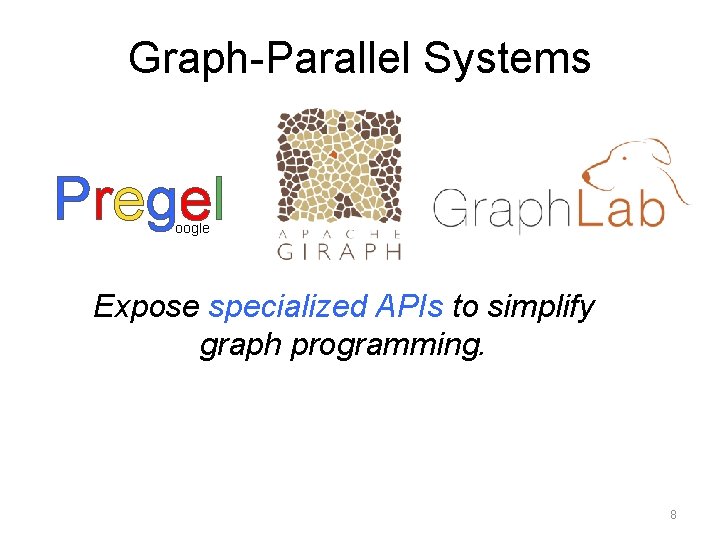 Graph-Parallel Systems Pregel oogle Expose specialized APIs to simplify graph programming. 8 