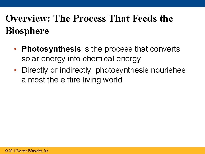 Overview: The Process That Feeds the Biosphere • Photosynthesis is the process that converts