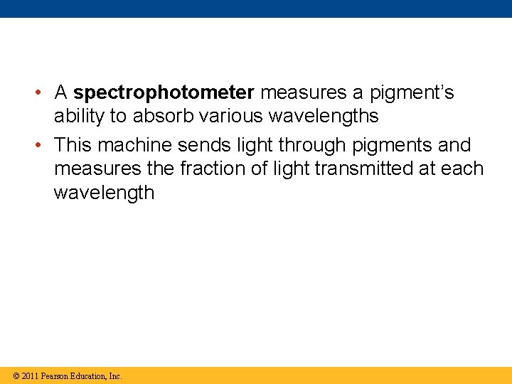  • A spectrophotometer measures a pigment’s ability to absorb various wavelengths • This