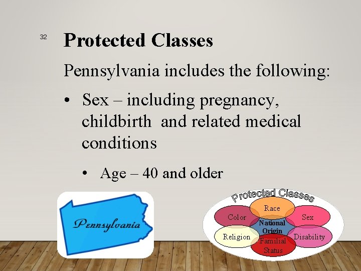 32 Protected Classes Pennsylvania includes the following: • Sex – including pregnancy, childbirth and
